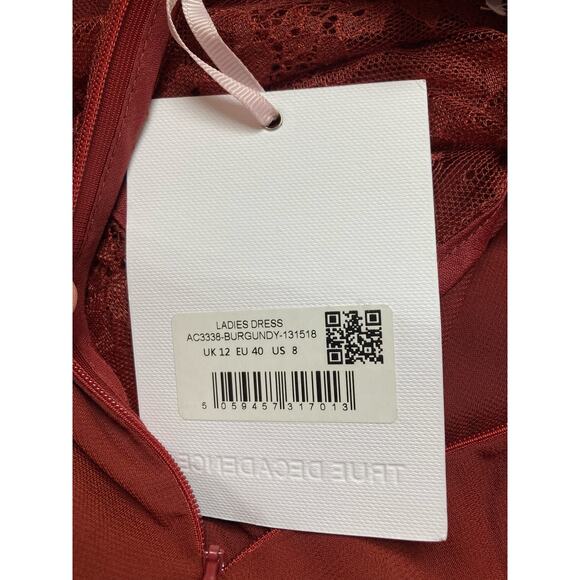 True Decadence Lena Burgundy Lace Pleated Mini Dress Sz US 8/UK 12 NWT Sheer - Picture 12 of 14